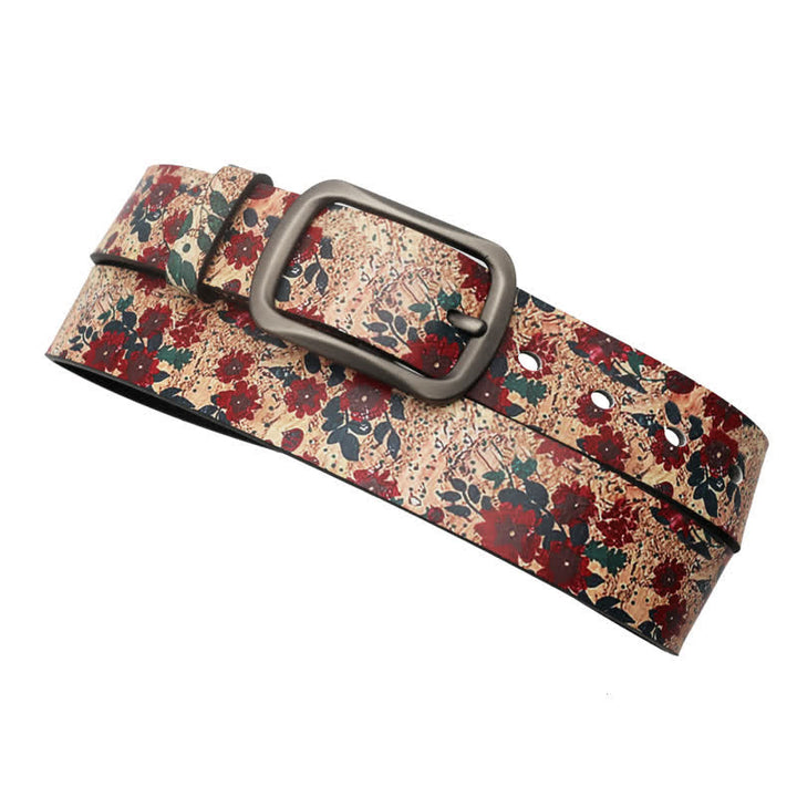 Decorated Red Flower Leaves Printed Leather Belt