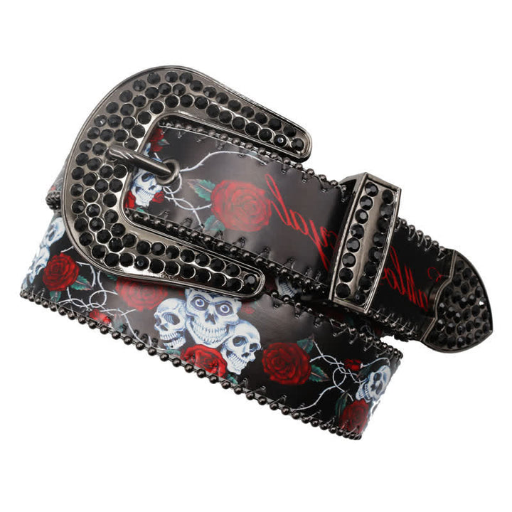 Gothic Rhinestones Skeleton Rose Printed Leather Belt