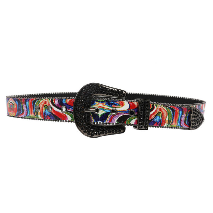 Graffiti Rainbow Printed Rhinestones Buckle Leather Belt