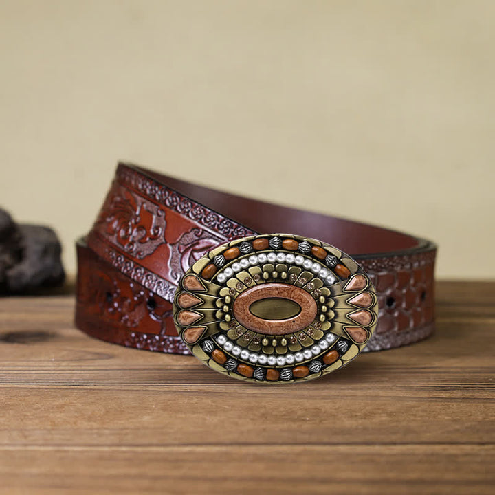 Men's DIY Indian Wood Bead Buckle Leather Belt