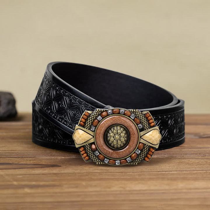 Men's DIY Indian Wood Bead Buckle Leather Belt