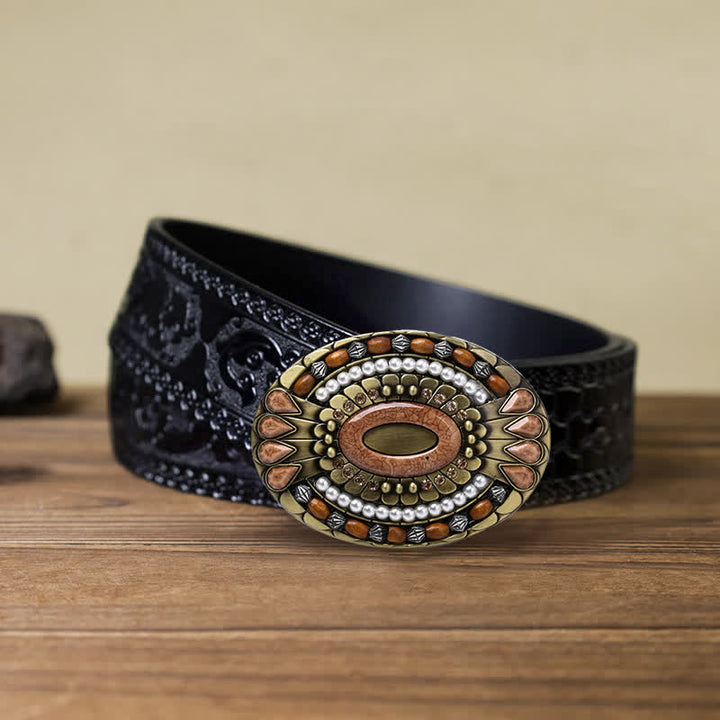 Men's DIY Indian Wood Bead Buckle Leather Belt