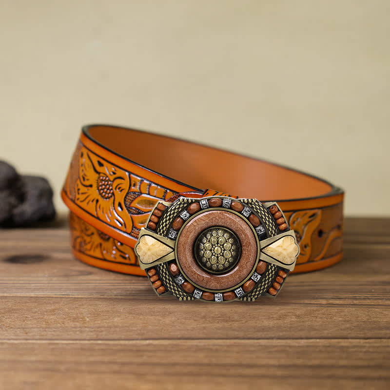 Men's DIY Indian Wood Bead Buckle Leather Belt