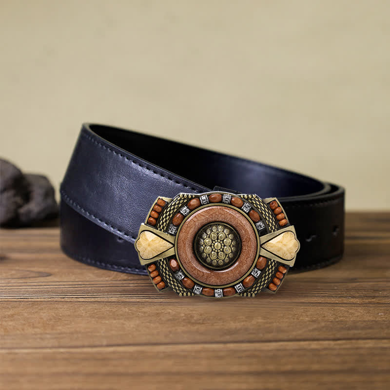 Men's DIY Indian Wood Bead Buckle Leather Belt