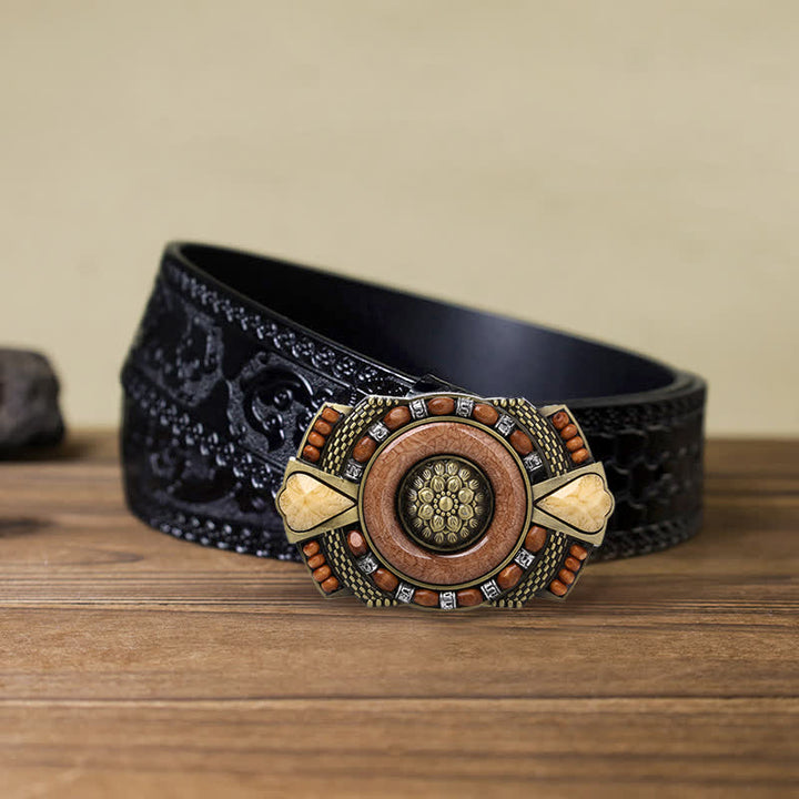 Men's DIY Indian Wood Bead Buckle Leather Belt