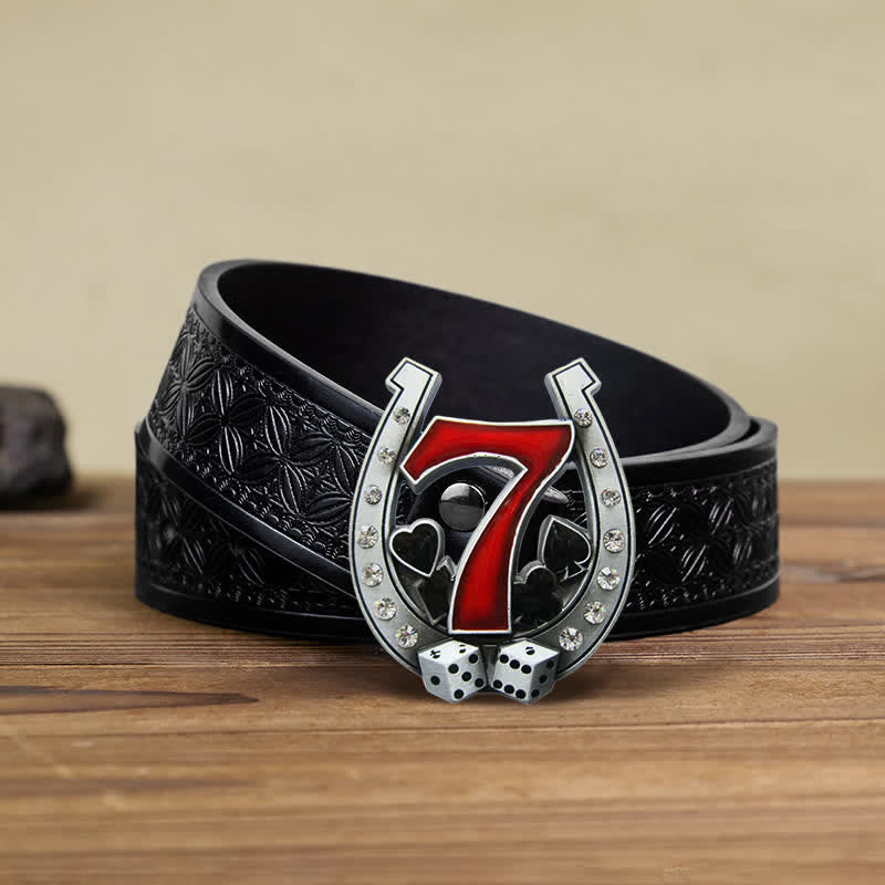 Men's DIY Horseshoe Lucky 7 Casino Buckle Leather Belt