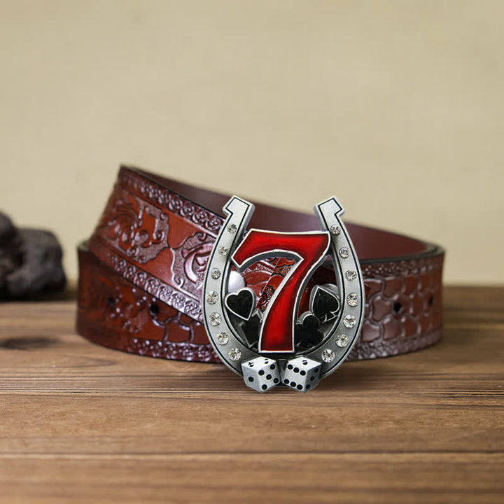 Men's DIY Horseshoe Lucky 7 Casino Buckle Leather Belt