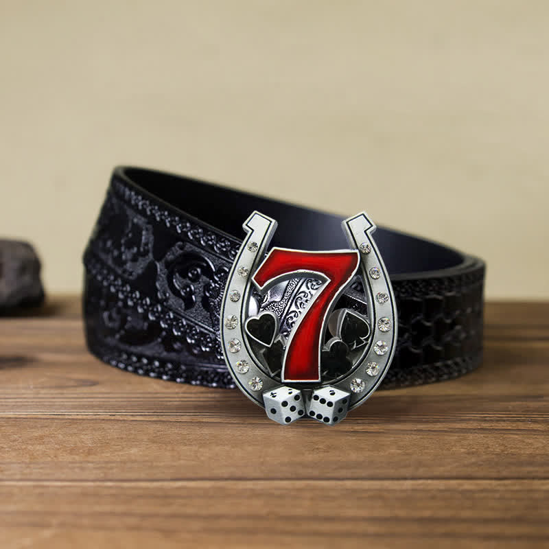 Men's DIY Horseshoe Lucky 7 Casino Buckle Leather Belt