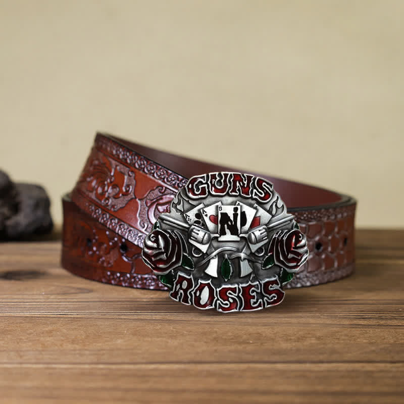 Men's DIY Double Guns Roses Buckle Leather Belt