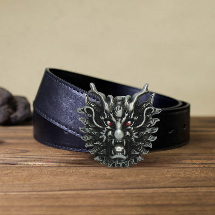 Men's DIY Fiery Dragon White Pearl Buckle Leather Belt