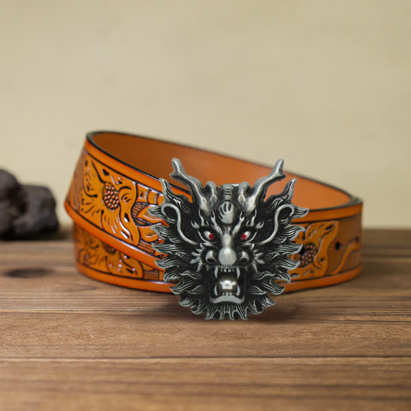 Men's DIY Fiery Dragon White Pearl Buckle Leather Belt