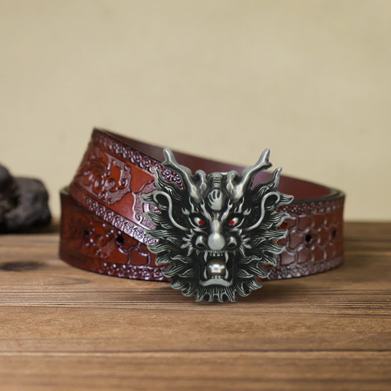 Men's DIY Fiery Dragon White Pearl Buckle Leather Belt