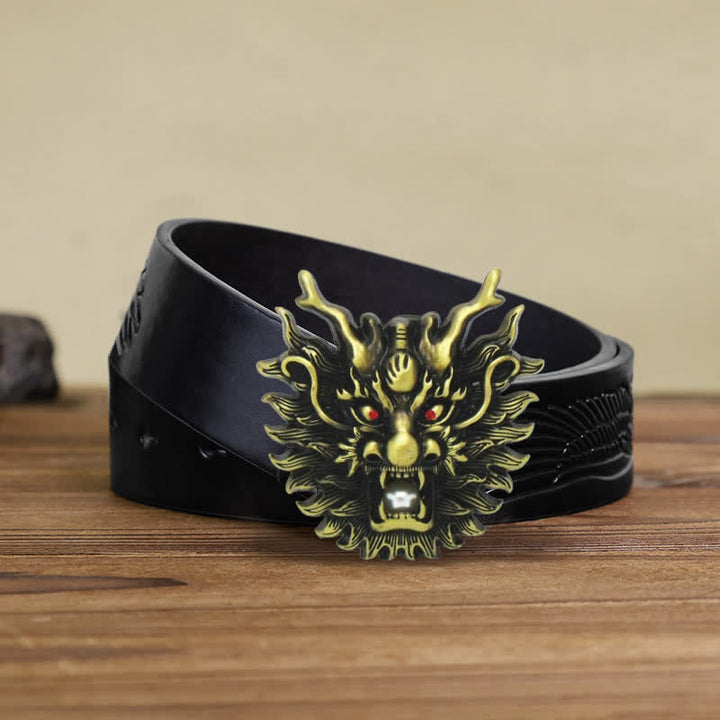 Men's DIY Fiery Dragon White Pearl Buckle Leather Belt