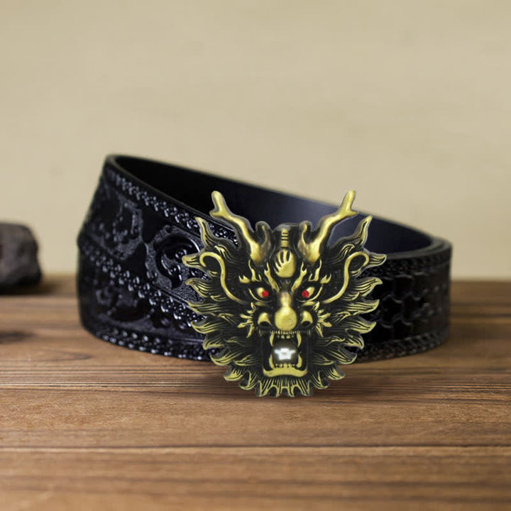 Men's DIY Fiery Dragon White Pearl Buckle Leather Belt