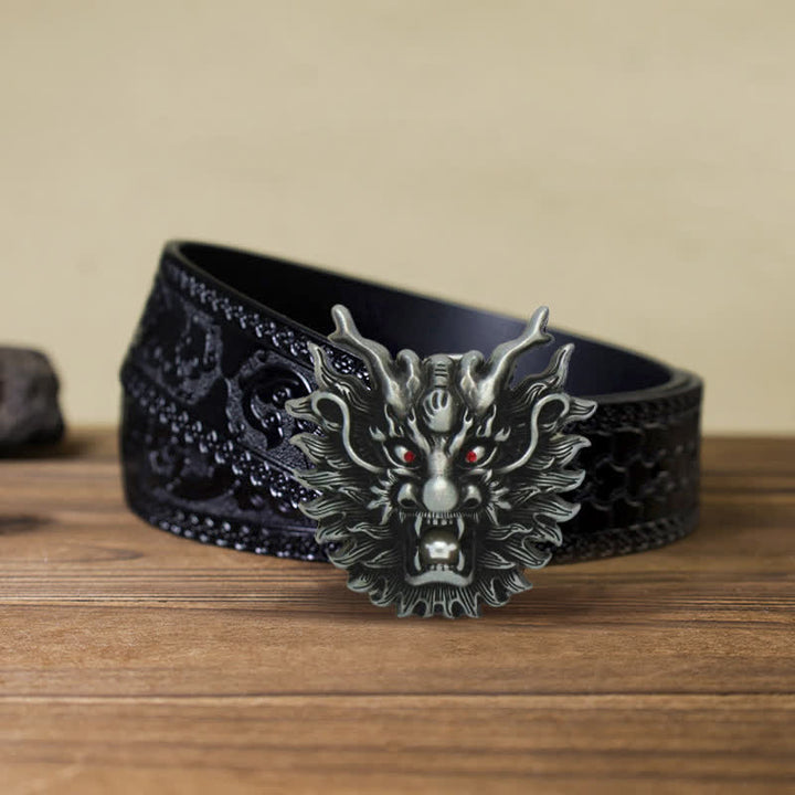 Men's DIY Fiery Dragon White Pearl Buckle Leather Belt