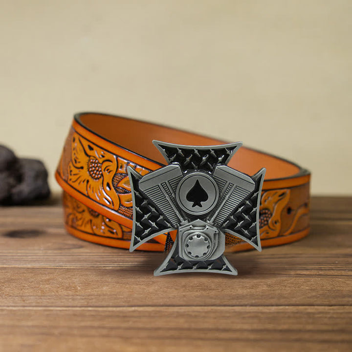 Men's DIY ACE Spades Cross Buckle Leather Belt