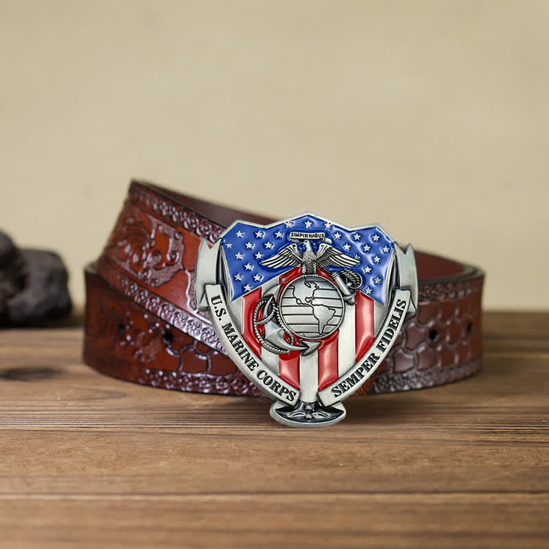 Men's DIY USA Marine Flag Buckle Leather Belt