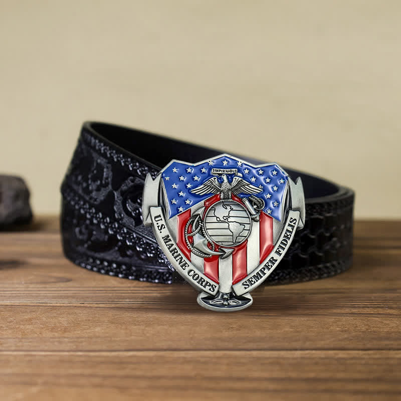 Men's DIY USA Marine Flag Buckle Leather Belt