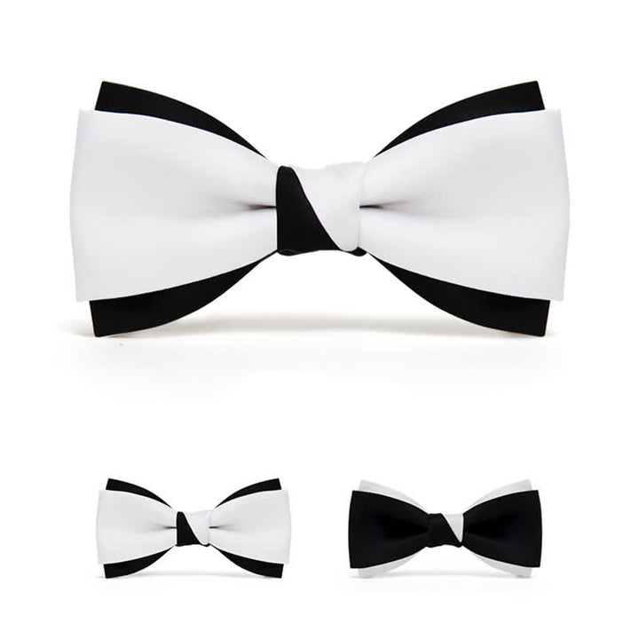 Men's Black White Two Tone Double Layered Bow Tie