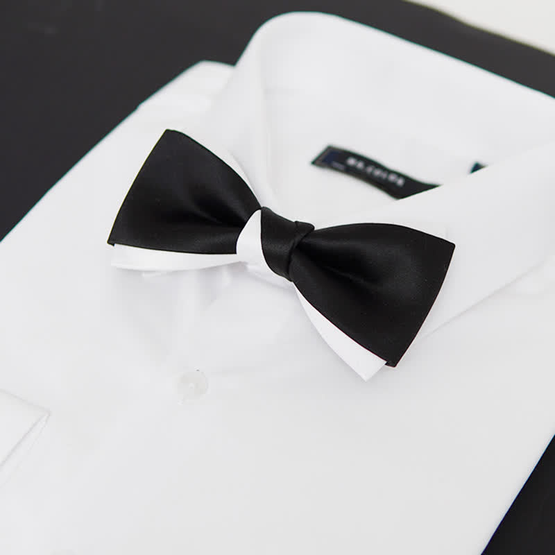 Men's Black White Two Tone Double Layered Bow Tie