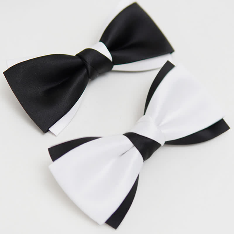 Men's Black White Two Tone Double Layered Bow Tie