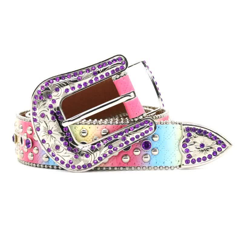 Women's Rainbow Rhinestone Riveted Leather Belt