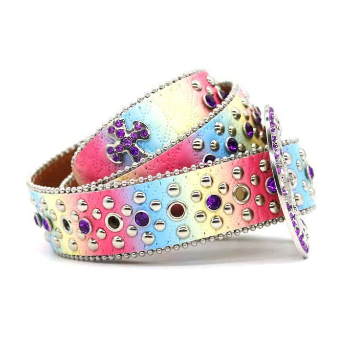 Women's Rainbow Rhinestone Riveted Leather Belt