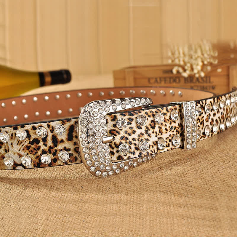 Women's Rhinestones Inlaid Leopard Print Leather Belt