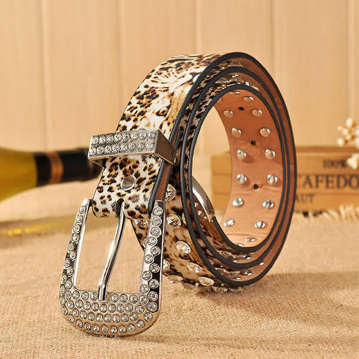 Women's Rhinestones Inlaid Leopard Print Leather Belt