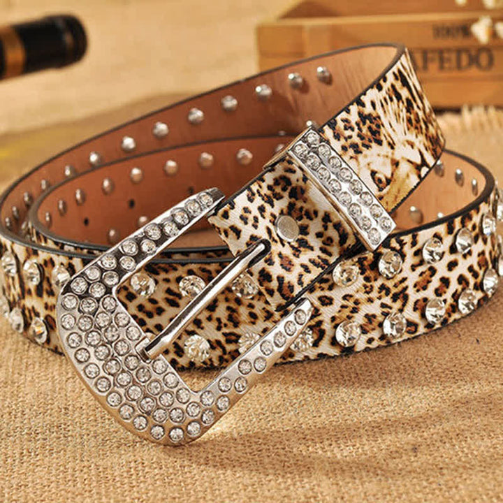 Women's Rhinestones Inlaid Leopard Print Leather Belt