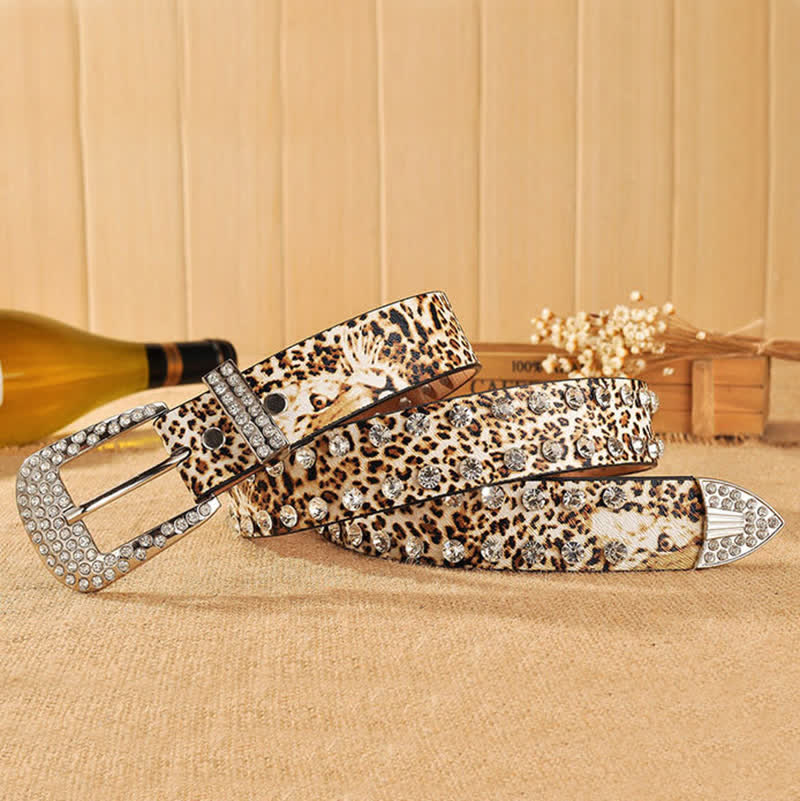 Women's Rhinestones Inlaid Leopard Print Leather Belt