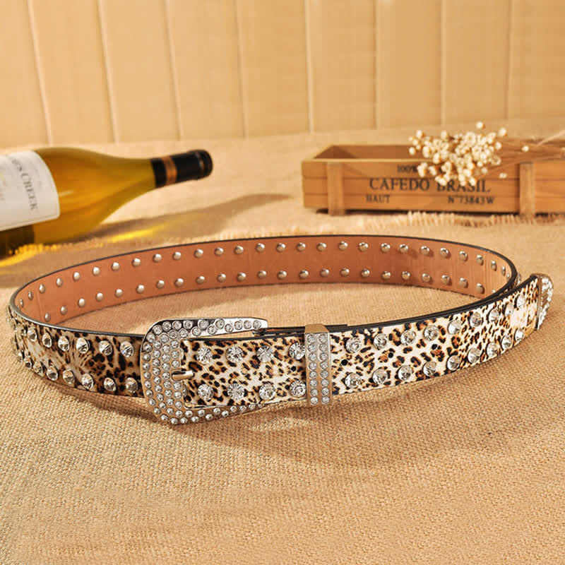 Women's Rhinestones Inlaid Leopard Print Leather Belt