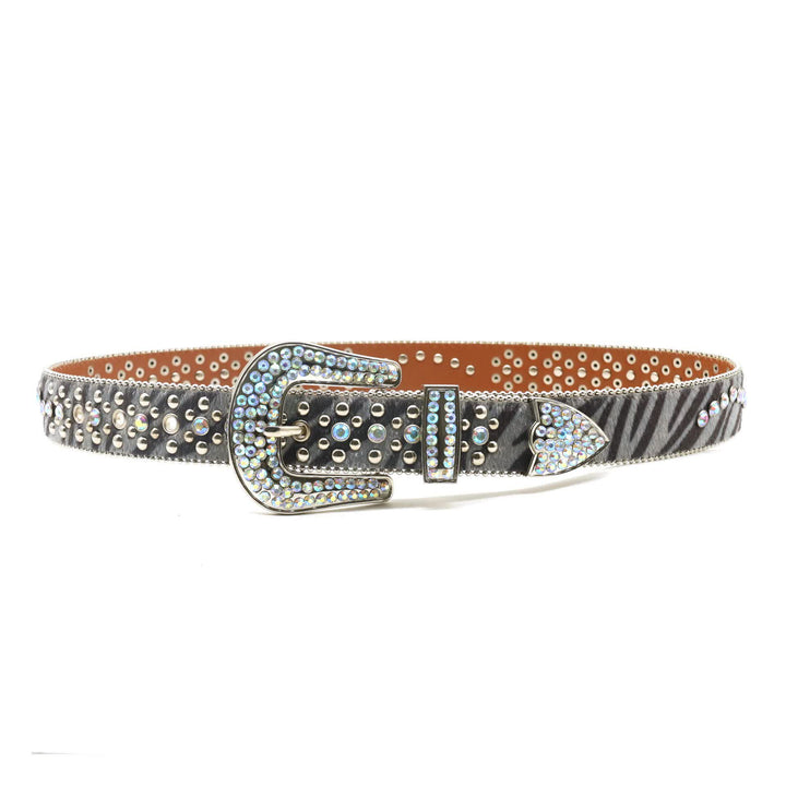 Unisex Unique Rhinestones Zebra Print Leather Belt