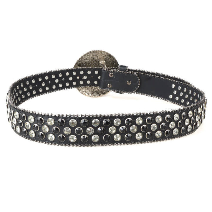 Unisex Large Round Bling Rhinstone Buckle Leather Belt