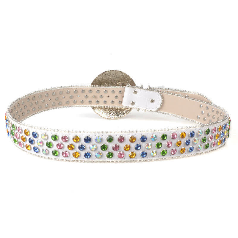 Unisex Large Round Bling Rhinstone Buckle Leather Belt