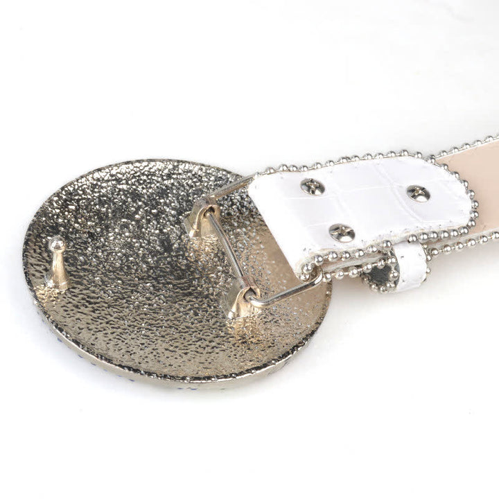 Unisex Large Round Bling Rhinstone Buckle Leather Belt