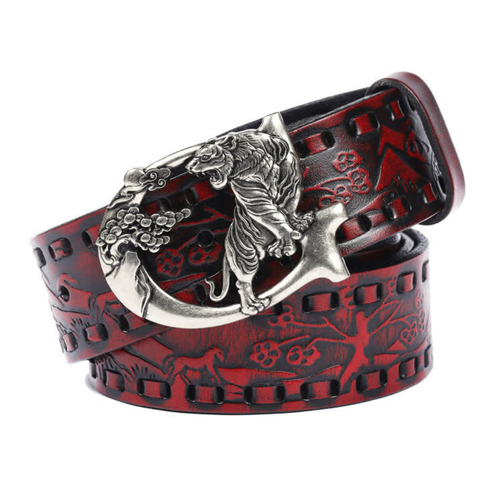 Unisex Retro Tigers Engraved Buckle Leather Belt