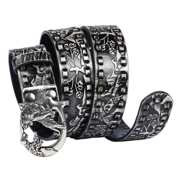 Unisex Retro Tigers Engraved Buckle Leather Belt