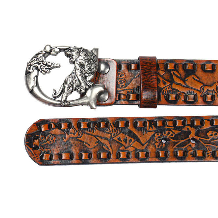 Unisex Retro Tigers Engraved Buckle Leather Belt