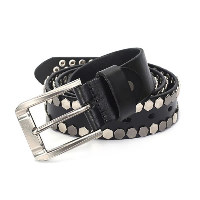 Unisex Hexagonal Rivet Studded Leather Belt