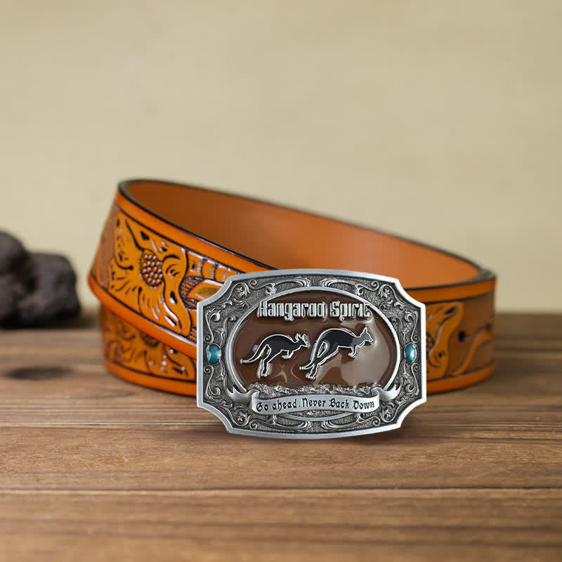 Men's DIY Kangaroo Western Wildlife Buckle Leather Belt