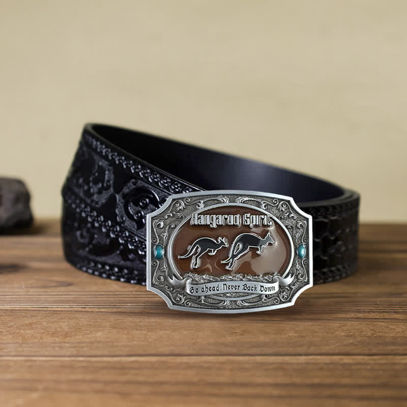 Men's DIY Kangaroo Western Wildlife Buckle Leather Belt