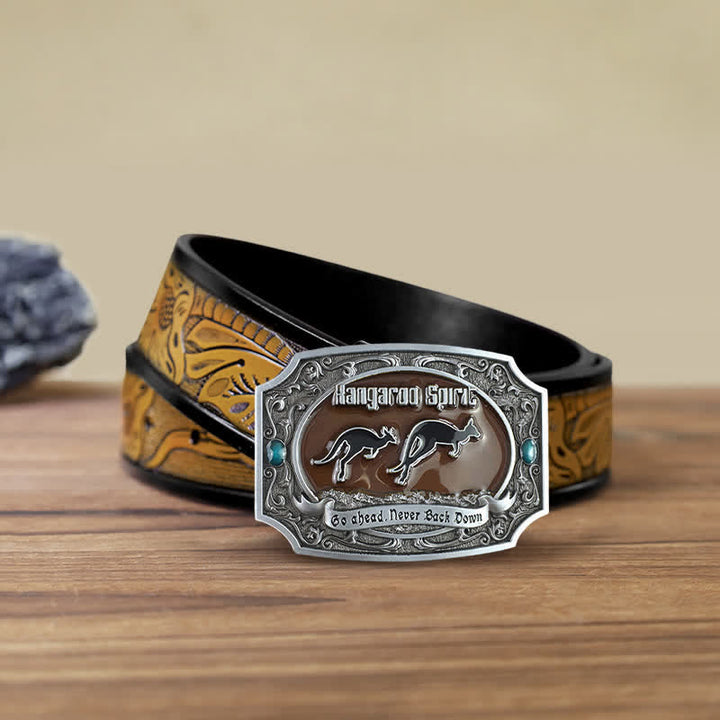 Men's DIY Kangaroo Western Wildlife Buckle Leather Belt