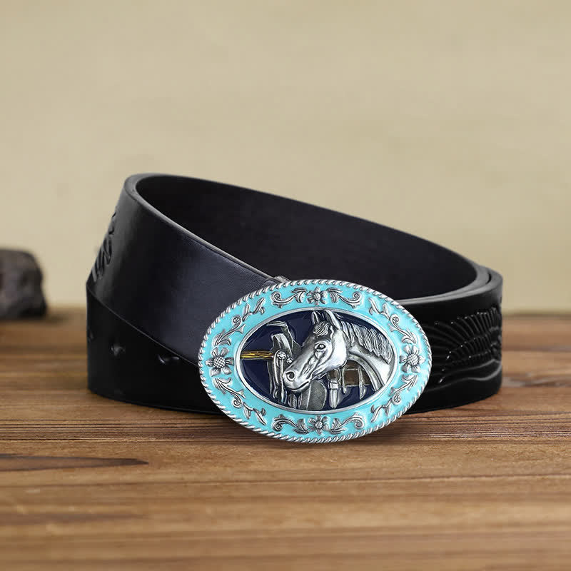 Men's DIY Horse Head Saddle Enameled Buckle Leather Belt