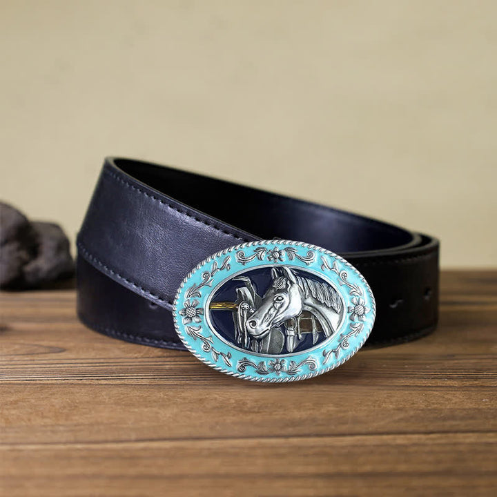 Men's DIY Horse Head Saddle Enameled Buckle Leather Belt