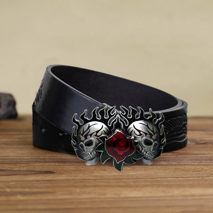 Men's DIY Double Skulls and Roses Buckle Leather Belt