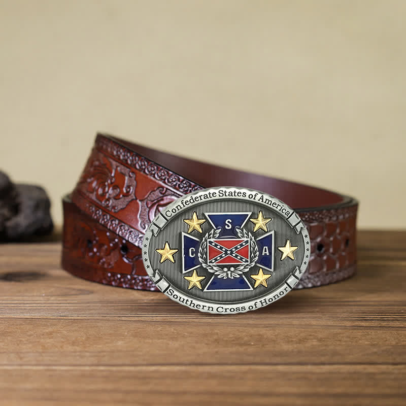 Men's DIY Southern Cross Of Honor Buckle Leather Belt