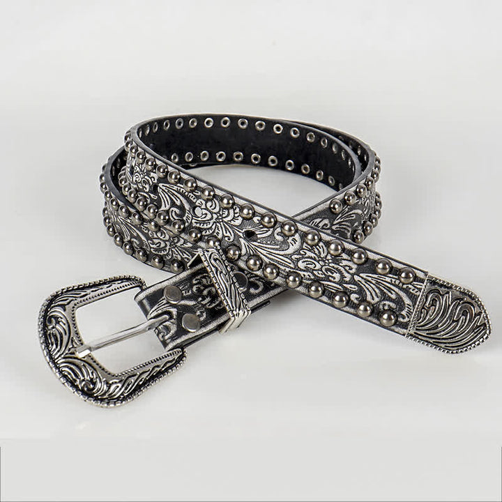 Women's Punk Engraved Floral Studded Leather Belt