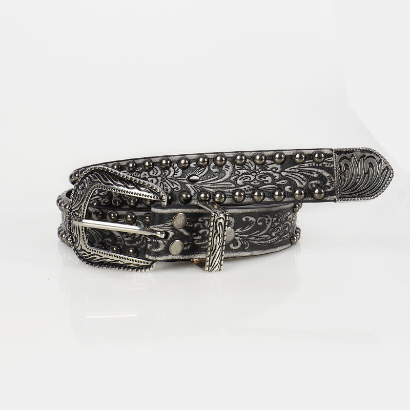 Women's Punk Engraved Floral Studded Leather Belt