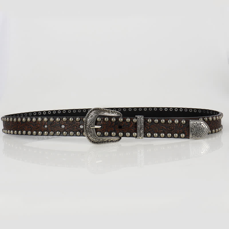 Women's Punk Engraved Floral Studded Leather Belt